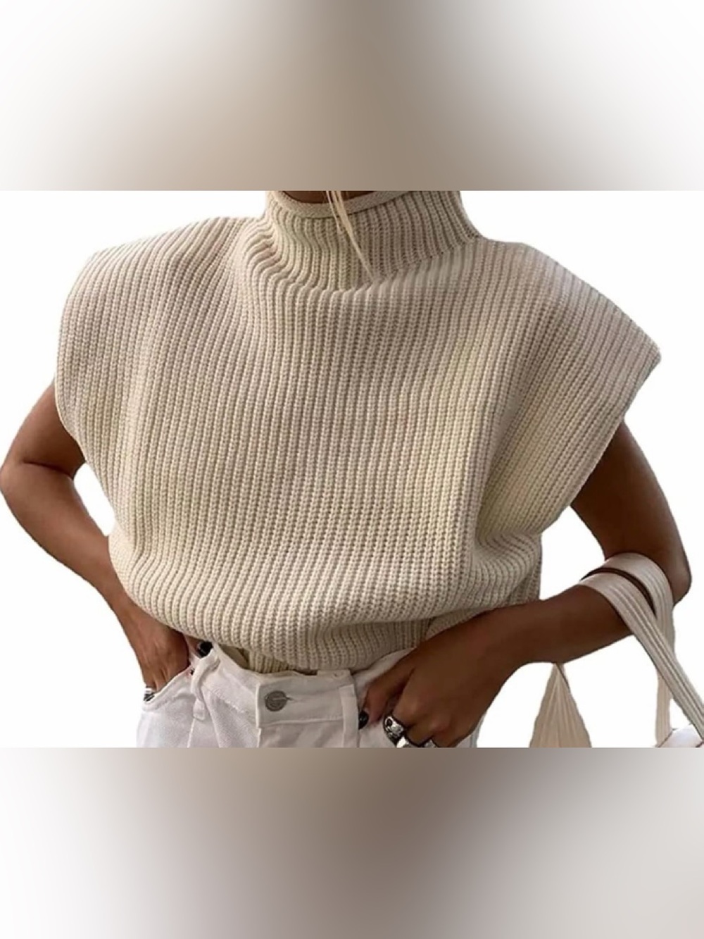 NEW ZARA Cream  Rolled  High Neck Sweater Vest w/shoulder pads -Size M